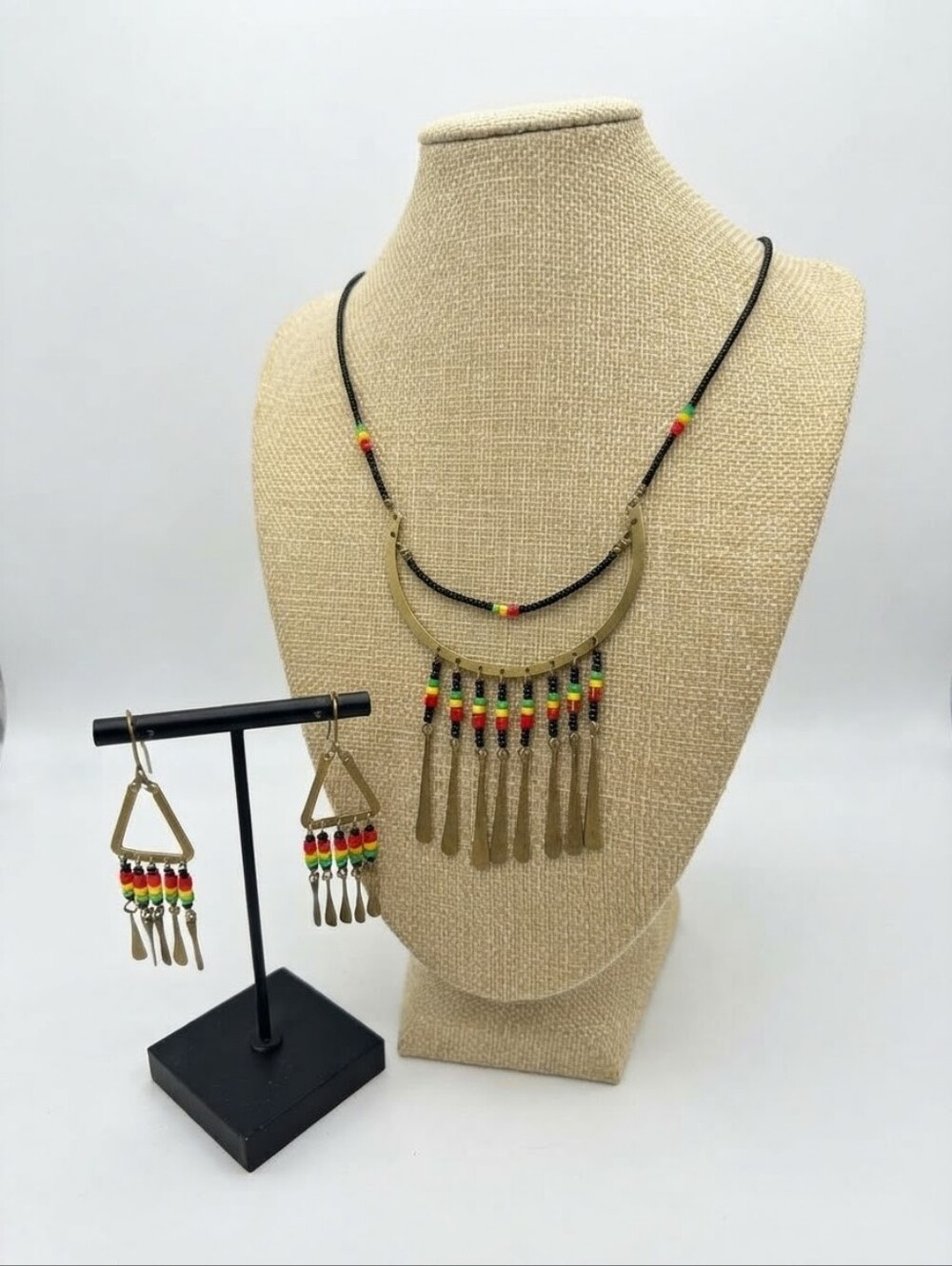 Brass And Bead Necklace And Earrings Set